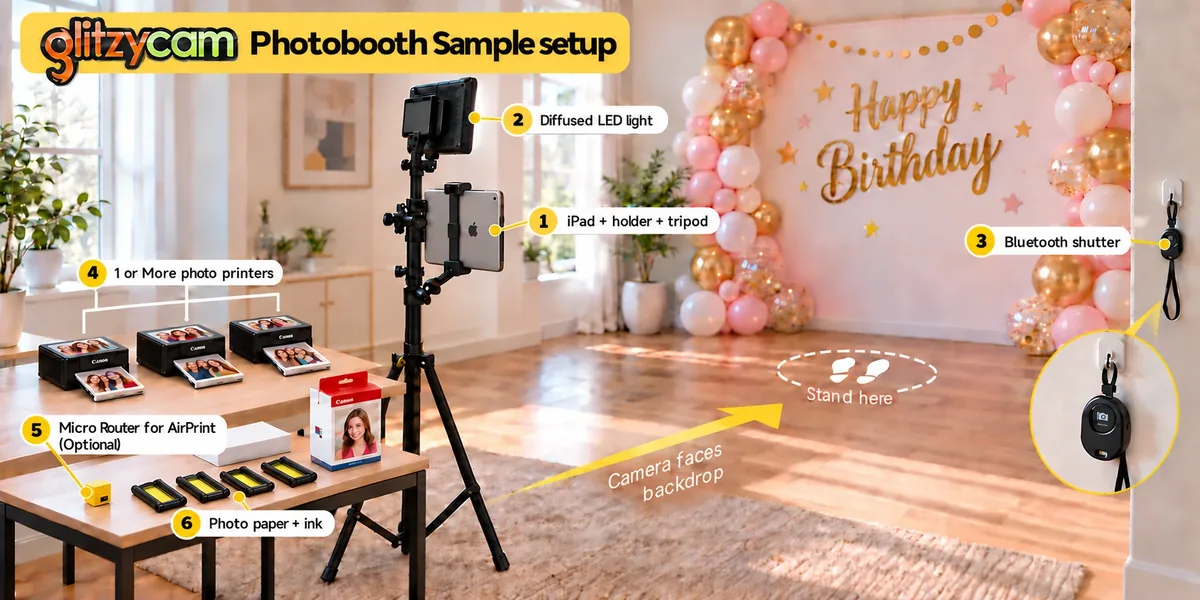 A sample Glitzycam booth setup in front of a pink and gold Happy Birthday balloon backdrop: an iPad on a tripod with an LED light, a Bluetooth shutter button on the wall, three printers, a router, and paper and ink.
