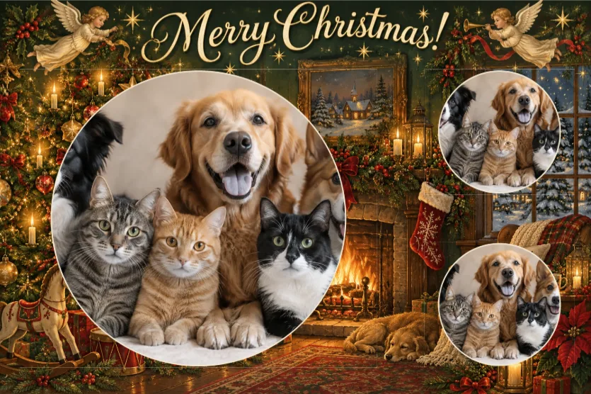 The Merry Christmas template in Preview: each of the three round windows shows the same group photo of dogs and cats, cropped to the window.